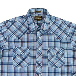 Plainsman Western Shirt Mens Large 16 - 16.5 Blue Plaid Long Sleeve Pearl Snap